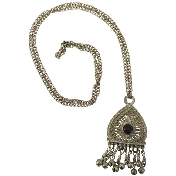 Long Necklace Large Pendant Black Stone Heavy Metal Made in India - Picture 2 of 5